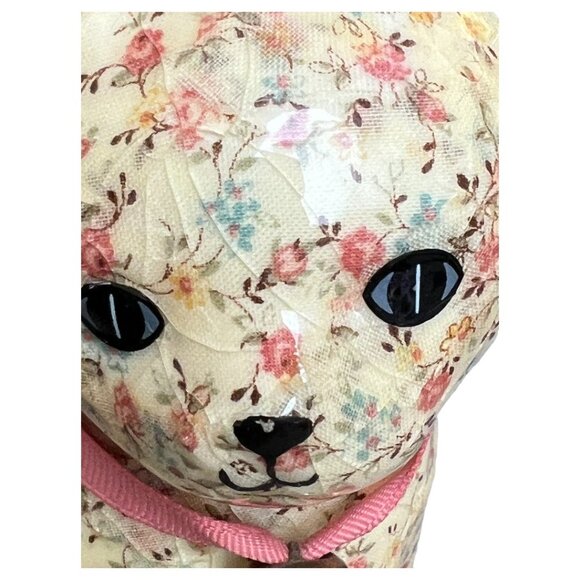 Vtg DECOUPAGE Ceramic CAT Kitten Kitty Floral Cream Fabric Pink Ribbon Bell 6" T - Picture 11 of 15